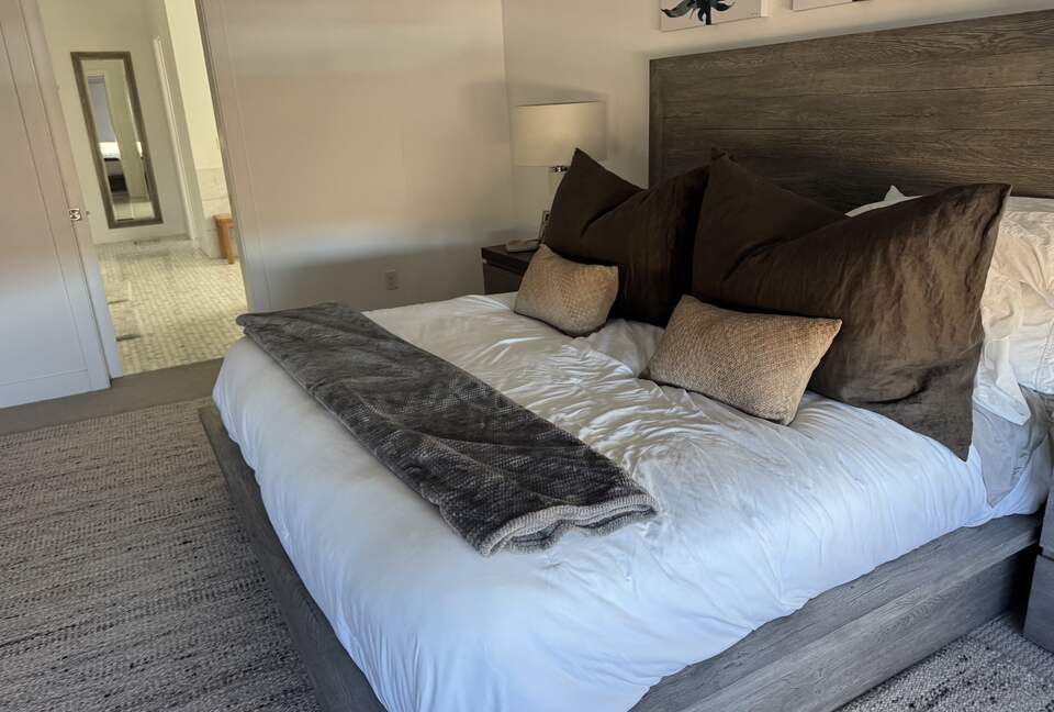 Master Bedroom, automated shades, fireplace, TV