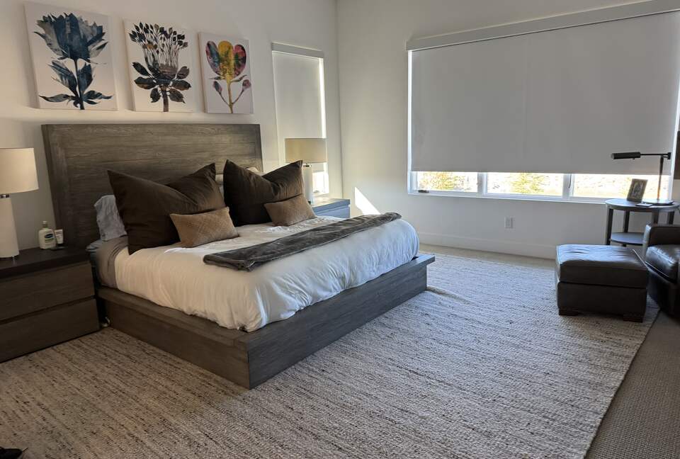 Master Bedroom, automated shades, fireplace, TV