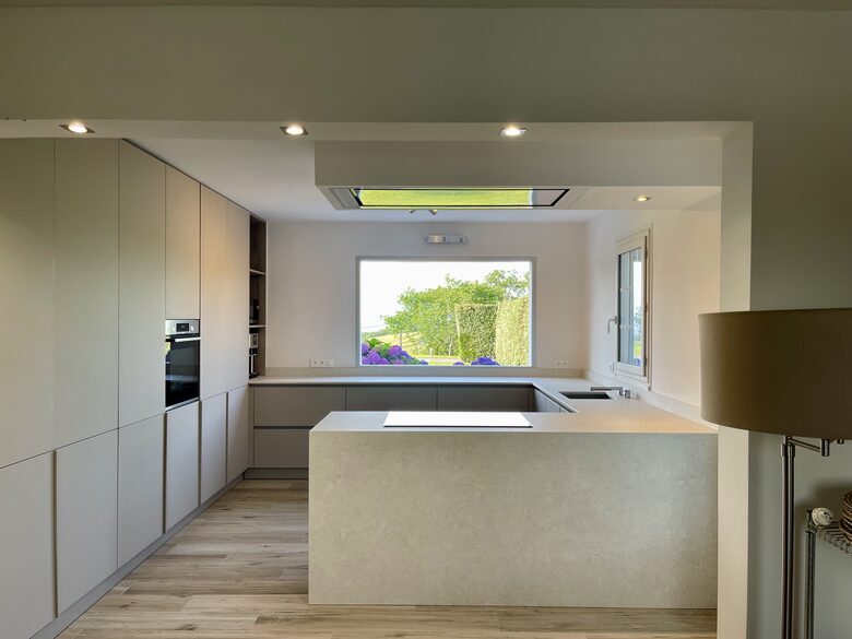 The kitchen with ocean views