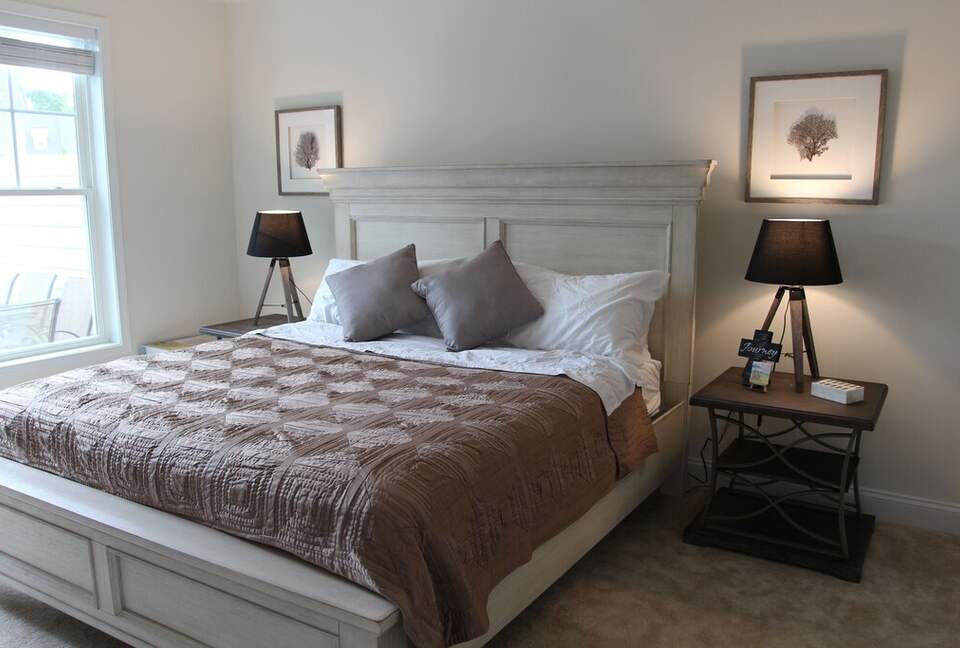 Main floor primary bdrm, tv, walkin closet, deck access, king bed