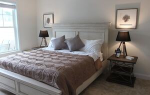 Main floor primary bdrm, tv, walkin closet, deck access, king bed