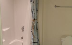 Loft bathroom with double vanity, separate area for toilet and shower