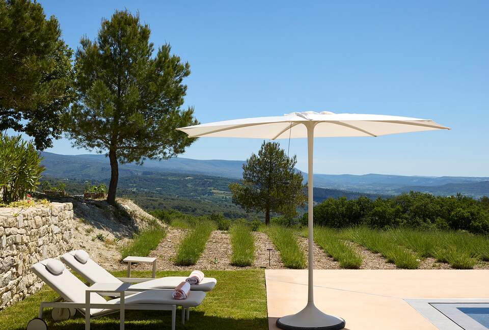 Pool area with lavender filed