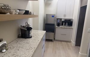 Hidden pantry with icemaker, Miele coffee maker and extra refrigerator