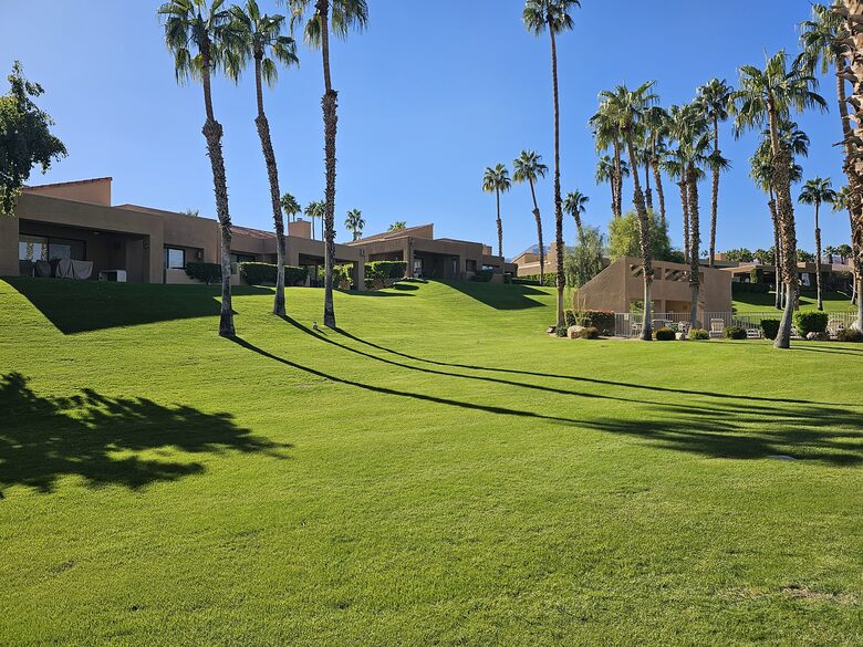 View from the patio to the pool complex