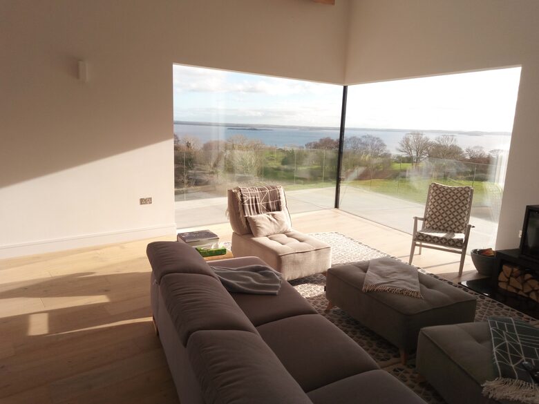 Open plan living room overlooking the lake