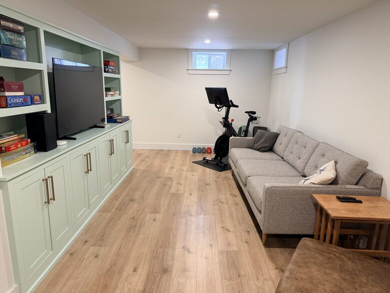 Basement hang-out couch and Peloton