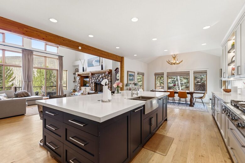 Kitchen Island, Dining Room, Living Room