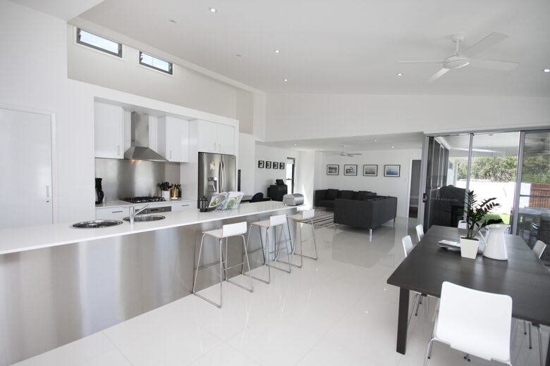 Open plan kitchen, dining, lounge.