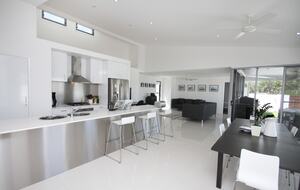 Open plan kitchen, dining, lounge.