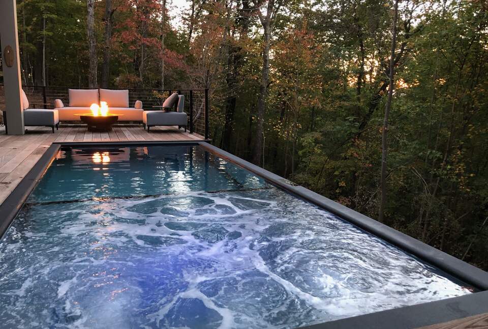 Pool with hot tub, fire pit and outdoor seating and lounge