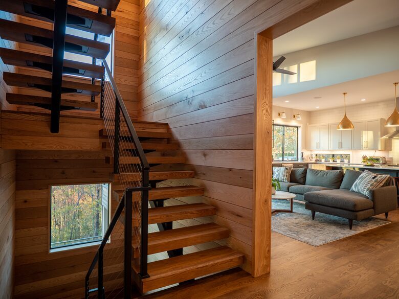 Custom-built stairs with wood milled from trees on the lot