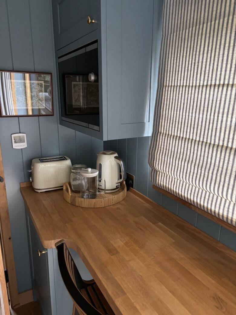 Mini kitchen with fridge and microwave in the Shepherds Hut