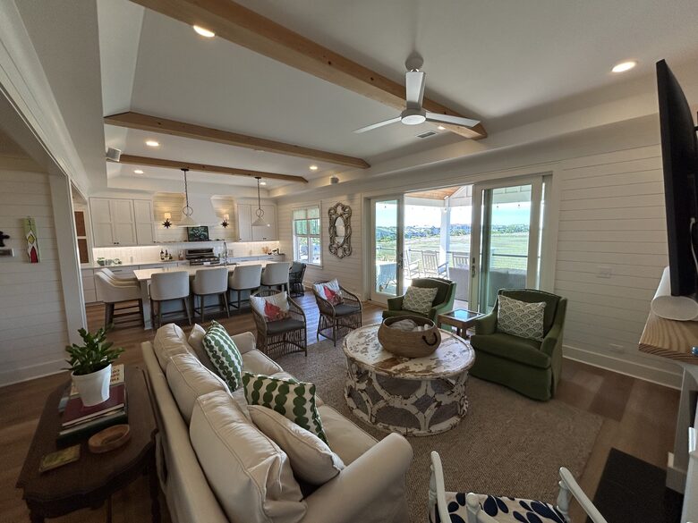 Great Room with TV, Waterfront Sliding Doors to Upper Deck