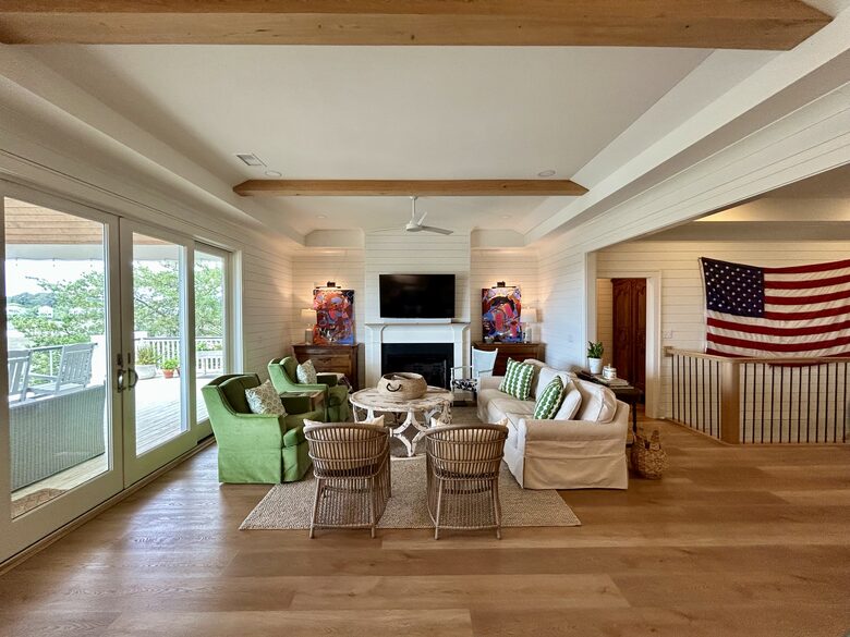 Great Room, with Fireplace and TV, Waterfront View