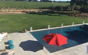 The view of the pool, lawn, bocce ball court and vineyards