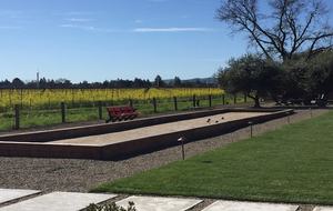 The bocce ball court looking upon blooming mustard.