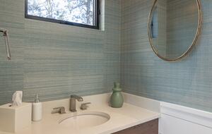 Main floor family room bathroom sink with window above.