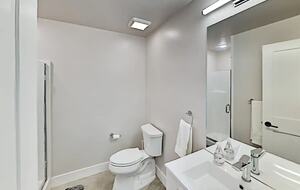 Full bathroom with toilet, mirror, and white sink