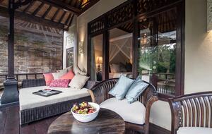 Home exchange in Ubud, Bali, master bedroom balcony with soft seating