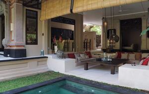 Home exchange in Ubud, Bali, looking from garden over pool to lounge