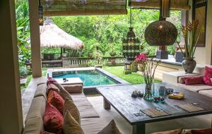 Home exchange in Ubud, Bali, sitting area open to pool and garden