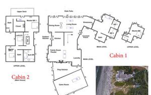 Property drawing of main house and guest cabin