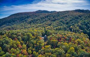 Home exchange in Fairview NC, aerial view of home and trees