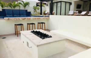 Outdoor pool area and fire pit