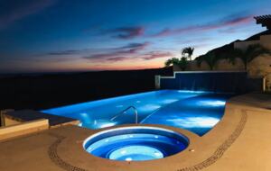 Outdoor pool area at night