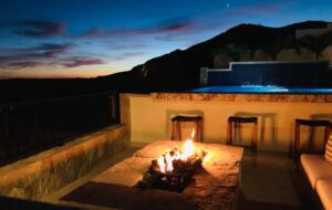 Outdoor pool area at night