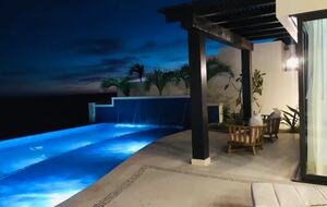 Outdoor pool area at night