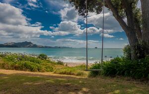 Home Exchange in Ferry Landing, Waikato, NZ swing in front of ocean