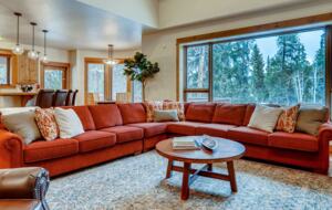 Living room with fireplace and views