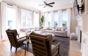 Open living room with fireplace