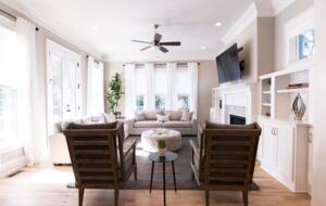 Open living room with fireplace