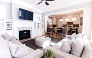 Open living room with fireplace