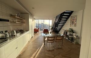 kitchen, living and steps to roof terrace