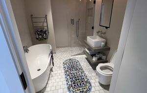 master bathroom with bath and shower