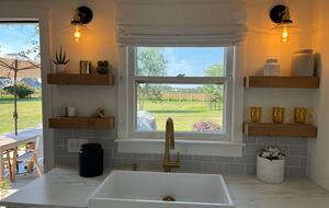 View from cottage kitchen to farm