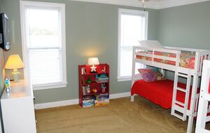 Second Floor Bedroom with Two Bunk Beds, Dresser, TV and Full Bath