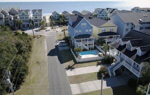 Drone photo from the driveway of "A Dream Come True" Beach House