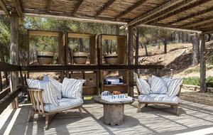 Shaded seating by pool