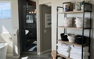 An abundance of towels available for guest use.