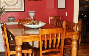 Dining room table seats eight.