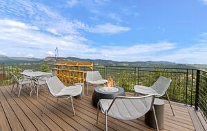 Fire pit, dining table and drink rail with seating for six