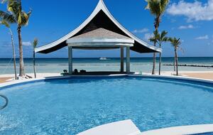 view of phase 3 pool with swim up bar (not yet open as of posting)