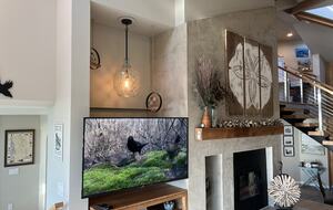 Smart TV and electric fireplace at living room.