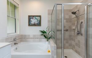 Master bathroom with walk-in shower and tub