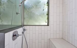 Walk in shower with two shower heads and steam room